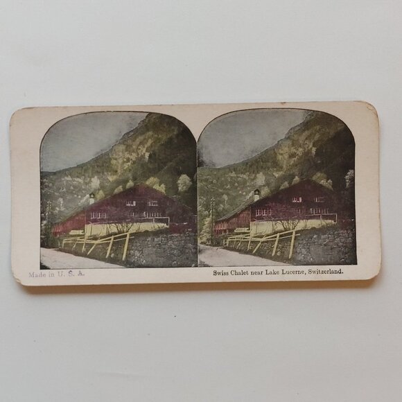 Antique Stereograph Card "Swiss Chalet near Lake Lucerne, Switzerland" - Picture 1 of 3